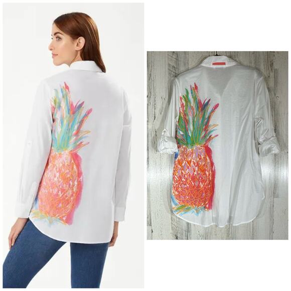 Tommy Bahama Womens Button Up Shirt Size Medium Lightweight Semi Sheer Pineapple - Picture 1 of 10